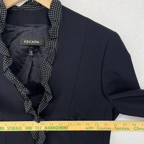 ESCADA Blazer Womens 38 Stretch Wool Twill Polka Dot Ruffle Trim Jacket Black - Picture 13 of 16